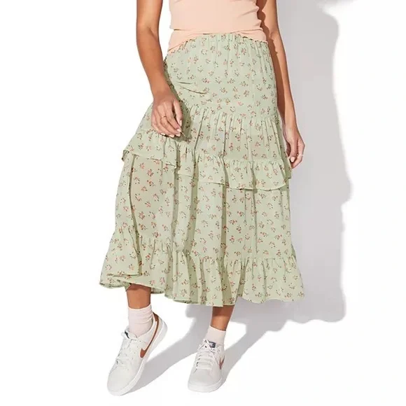 Vylette Floral Flowy Chiffon Tiered Maxi Skirt Green Size XL - Picture 8 of 8